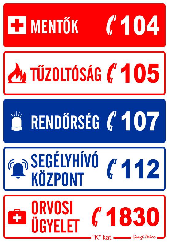 Segélyhívó telefonszámok - mentők, tűzoltóság, rendőrség, segélyhívó központ, orvosi ügyelet MATRICA "K"